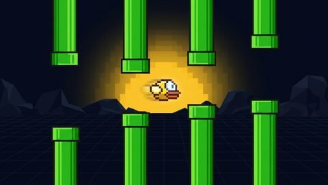 Premium dark gaming thumbnail, 16:9, deep navy background #0A0D16, a cute pixel-art bird flying between green pipes, cheerful yellow sky accent, playful, no text