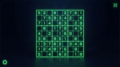 Premium dark gaming thumbnail, 16:9, deep navy background #0A0D16, a glowing 9x9 sudoku grid with neon green numbers, clean minimal UI, subtle glow, no text